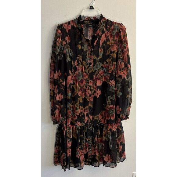 MAIA Long Sleeve Floral Chiffon Shift Dress Women 12 Lined Above Length Button - Picture 2 of 12